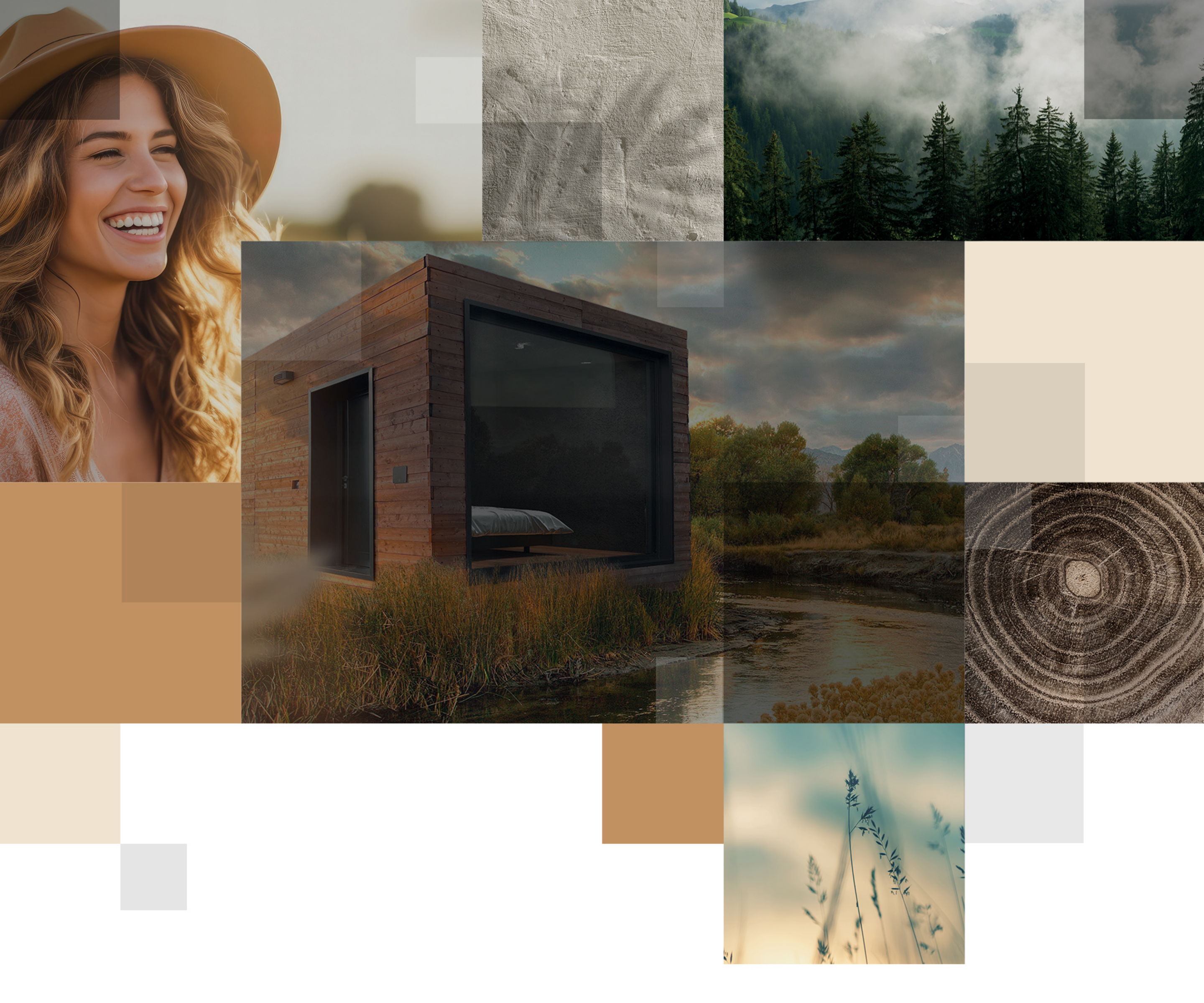 Serie di immagini evocative per l'azienda: a sinistra una donna che sorride, in centro una realizzazione, in alto a destra un bosco e in basso delle spighe e del legno.